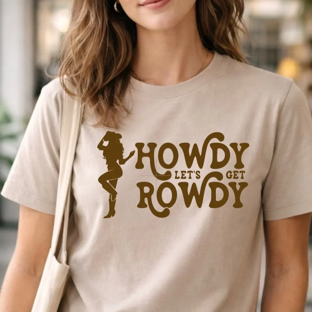 Howdy Let’s Get Rowdy Western Graphic Tee | Custom HTV | Gildan 5000 | Sand - Picture 2 of 6